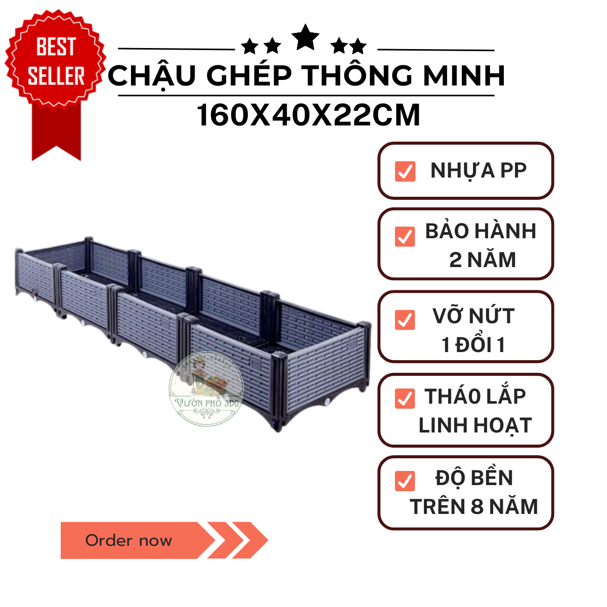 [MẪU MỚI] Chậu ghép thông minh Xám dài 1.6m cao 22cm (160x40x22cm), Chậu trồng rau Đẹp -Sạch- Bền